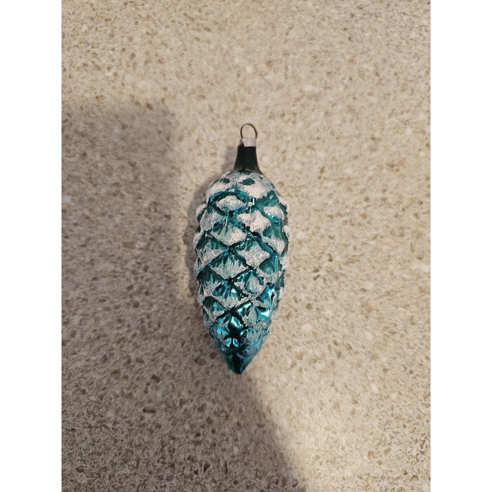 Vtg Blown Glass Pinecone Christmas Ornament 3" Aqua Snow Flocked Turquoise 0-7